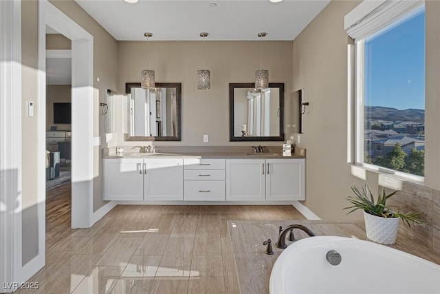 bathroom with baseboards, a sink, a freestanding bath, and double vanity