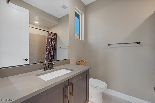 full bath with toilet, vanity, visible vents, baseboards, and tile patterned floors