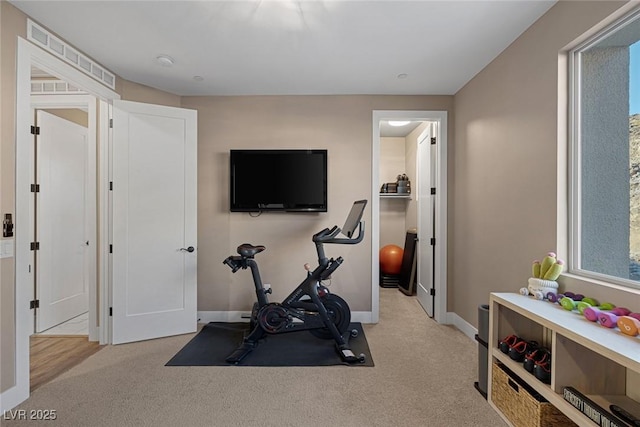 workout room featuring baseboards and light colored carpet