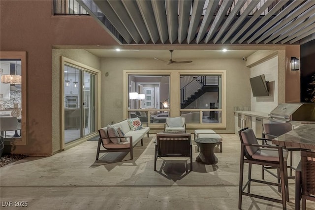 view of patio / terrace with ceiling fan, outdoor lounge area, and area for grilling