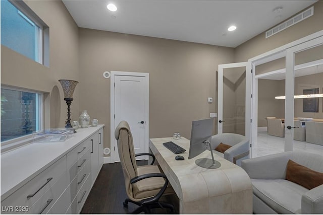 office featuring french doors, dark wood-style flooring, visible vents, and recessed lighting