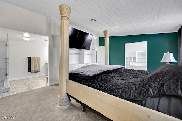 carpeted bedroom with wood ceiling, visible vents, and baseboards