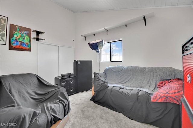 carpeted bedroom featuring lofted ceiling and a closet