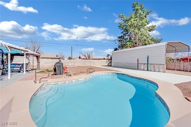 view of swimming pool featuring a gazebo, fence, and a fenced in pool