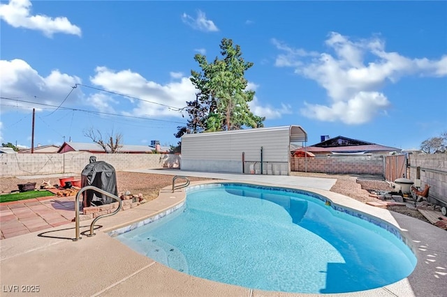 view of pool featuring a fenced in pool, a fenced backyard, and a patio