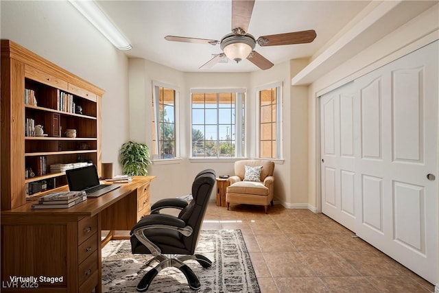 tiled office with ceiling fan