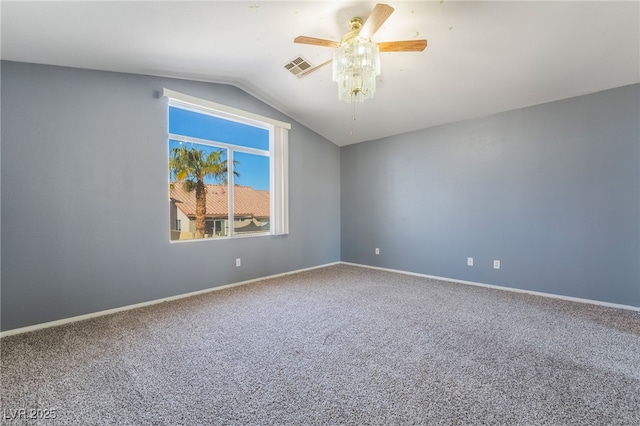 unfurnished room with lofted ceiling, carpet, and ceiling fan