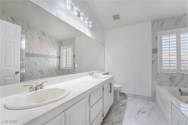 full bathroom featuring lofted ceiling, toilet, vanity, and plus walk in shower