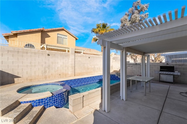 view of swimming pool with a pergola, a patio area, and an in ground hot tub