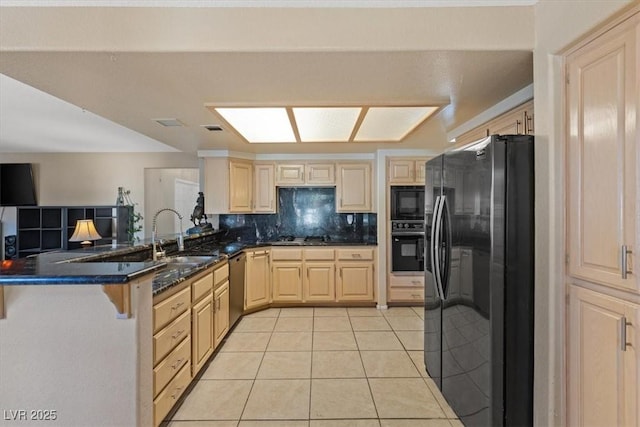 kitchen with light tile patterned flooring, sink, tasteful backsplash, kitchen peninsula, and black appliances