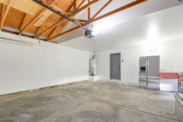 garage with water heater, stainless steel refrigerator with ice dispenser, and a garage door opener