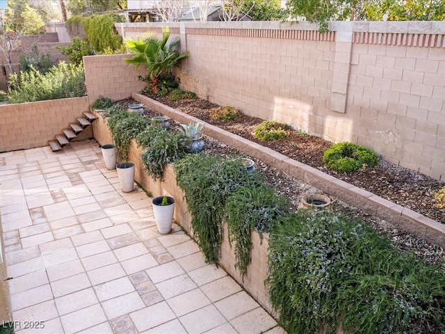 exterior space with a patio area, a fenced backyard, and a vegetable garden