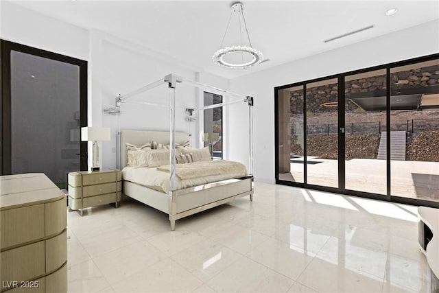 bedroom featuring access to exterior, visible vents, and recessed lighting