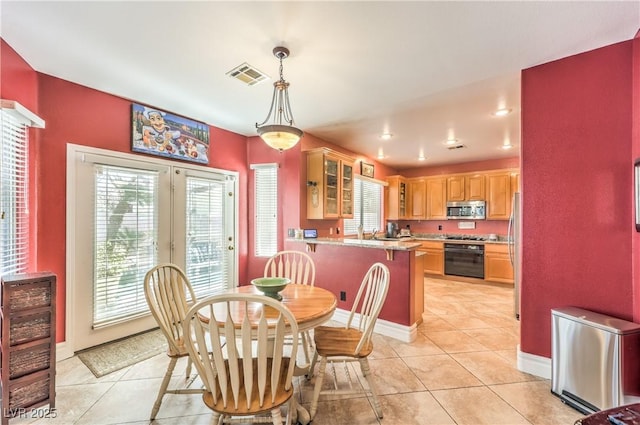 dining space featuring light tile patterned floors, baseboards, visible vents, french doors, and recessed lighting