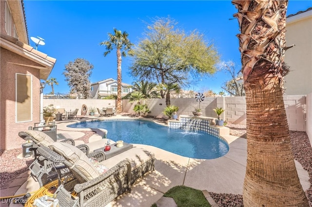 view of pool with a fenced backyard, a fenced in pool, and a patio