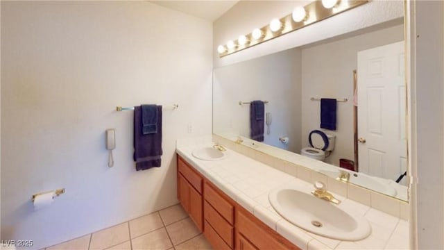 bathroom with vanity, toilet, and tile patterned flooring