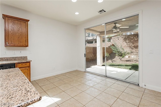 unfurnished dining area featuring light tile patterned flooring, ceiling fan, baseboards, and recessed lighting