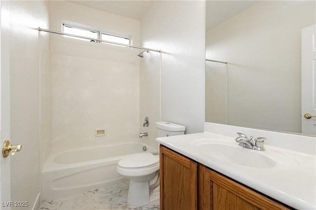 bathroom featuring washtub / shower combination, toilet, marble finish floor, and vanity