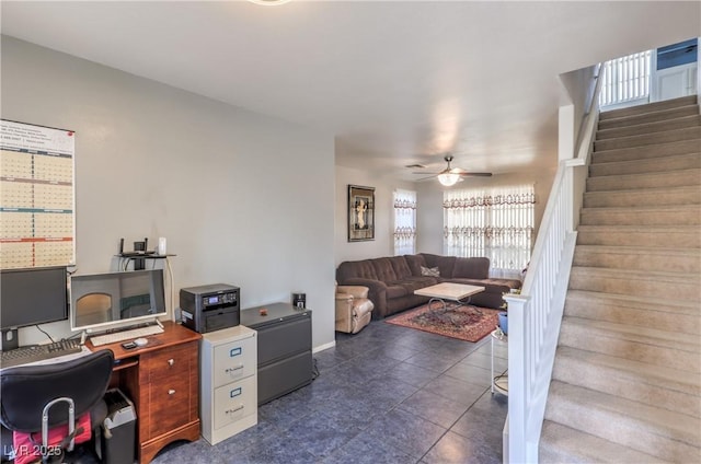 tiled office featuring ceiling fan