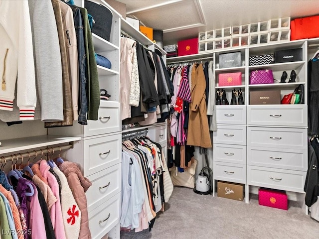 walk in closet with light carpet