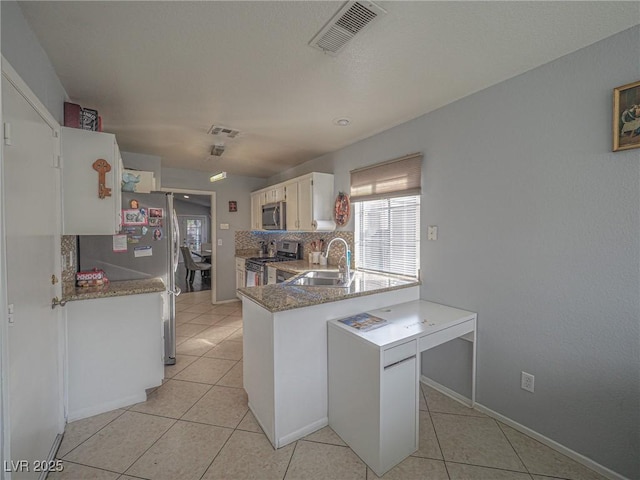 kitchen with appliances with stainless steel finishes, tasteful backsplash, sink, white cabinets, and kitchen peninsula