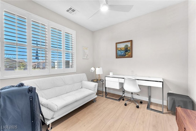 2503 Cracked Stone St, Henderson, NV 89044 - home office featuring ceiling fan, visible vents, light wood-style flooring, and baseboards