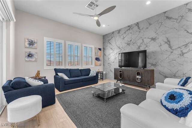 2503 Cracked Stone St, Henderson, NV 89044 - living room with recessed lighting, visible vents, and ceiling fan