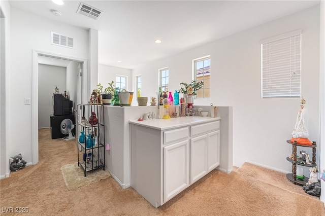 kitchen featuring a healthy amount of sunlight, light carpet, and white cabinets