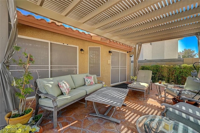 view of patio / terrace with outdoor lounge area and a pergola