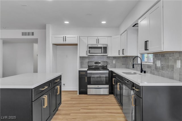 kitchen featuring stainless steel appliances, light countertops, visible vents, white cabinets, and a sink