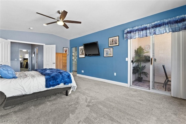 bedroom featuring lofted ceiling, carpet flooring, ceiling fan, and baseboards