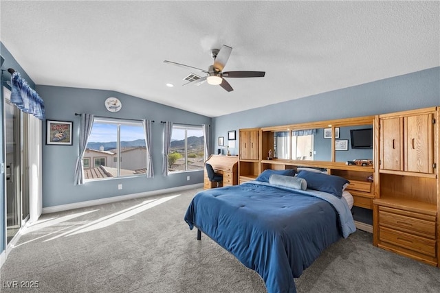 262 Big Horn Dr, Boulder City, NV 89005 - bedroom with lofted ceiling, carpet flooring, baseboards, a ceiling fan, and a textured ceiling