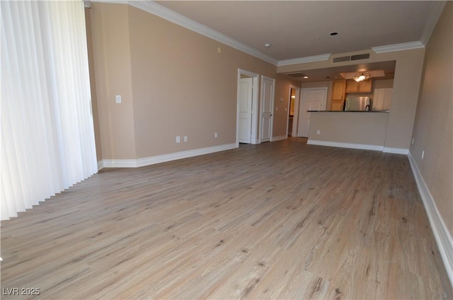 unfurnished living room with light hardwood / wood-style flooring and ornamental molding