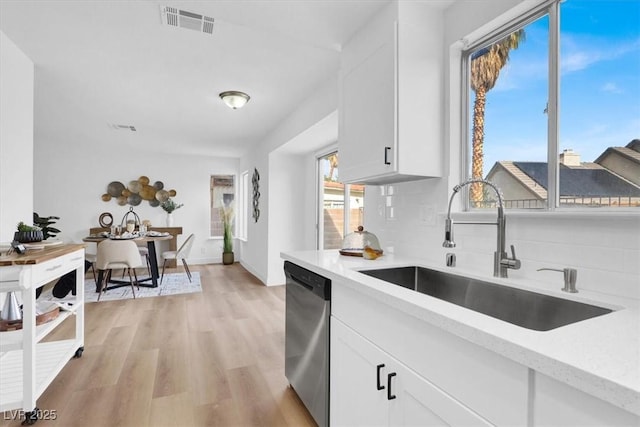 kitchen with sink, dishwasher, light hardwood / wood-style floors, decorative backsplash, and white cabinets