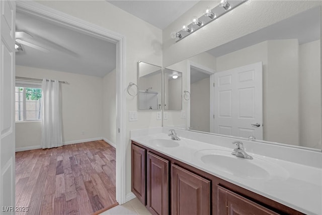 bathroom featuring hardwood / wood-style flooring and vanity