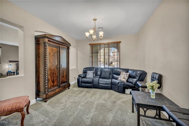 living room featuring visible vents, baseboards, an inviting chandelier, and carpet floors