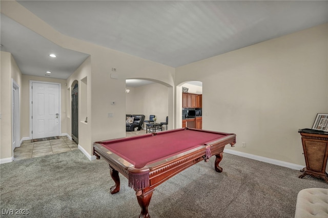 recreation room featuring recessed lighting, arched walkways, pool table, baseboards, and light colored carpet