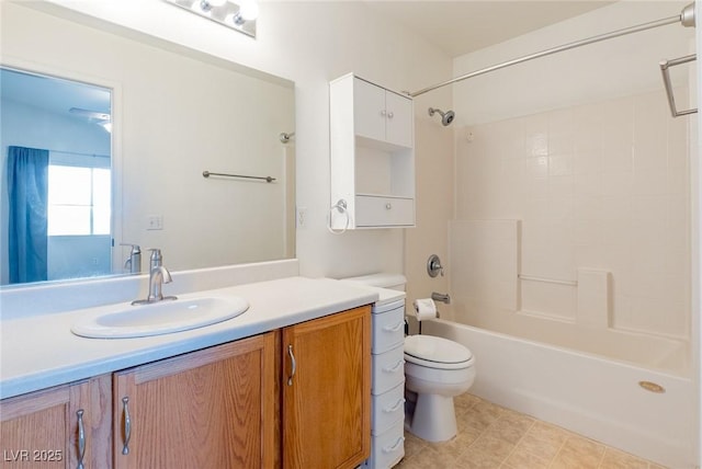 full bath featuring shower / bathing tub combination, vanity, and toilet