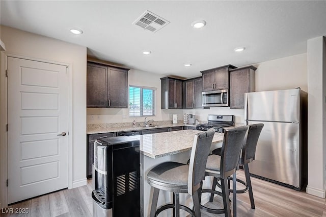 kitchen with dark brown cabinetry, visible vents, a kitchen island, appliances with stainless steel finishes, and a sink