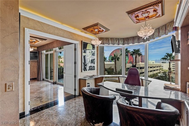 dining area featuring a notable chandelier, a textured wall, and ornamental molding