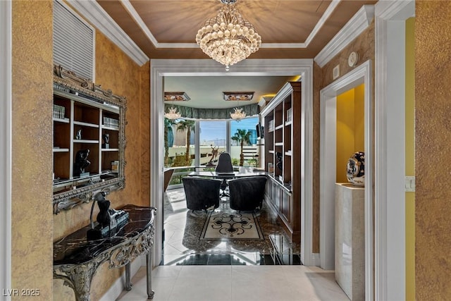 tiled office with a raised ceiling, crown molding, and an inviting chandelier