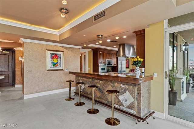 kitchen featuring visible vents, a tray ceiling, ornamental molding, appliances with stainless steel finishes, and island range hood