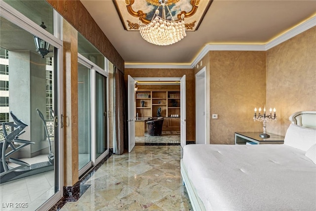 unfurnished bedroom with marble finish floor, an inviting chandelier, ornamental molding, and access to exterior