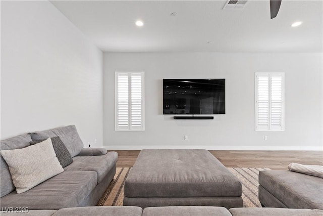 living room featuring ceiling fan and wood-type flooring