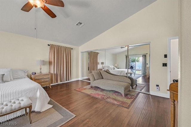 688 Quiet Stream Ct, Henderson, NV 89052 - bedroom with high vaulted ceiling, wood finished floors, baseboards, and a ceiling fan