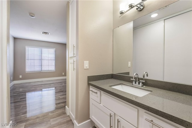 bathroom with wood-type flooring and vanity