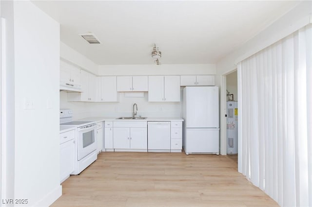 kitchen with white cabinetry, water heater, light hardwood / wood-style floors, sink, and white appliances