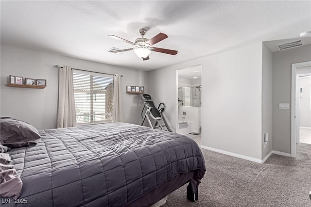 bedroom featuring connected bathroom, ceiling fan, and light colored carpet