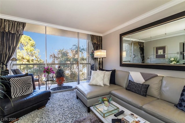 living room with ornamental molding and floor to ceiling windows