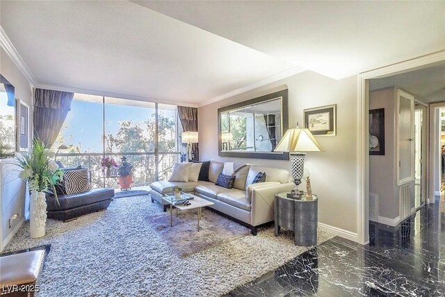 730 S Royal Crest Cir Unit 424, Las Vegas, NV 89169 - living room featuring crown molding, baseboards, marble tiled flooring, and healthy amount of natural light